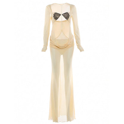 Summer Women Clothing Long Sleeve Sexy Cutout See through Slim Fit Sheath Dress