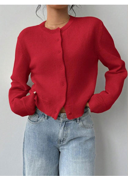 Fashionable Knitted Cardigan Women round Neck Long Sleeve Solid Color Sweater Spring Slim Fit Top