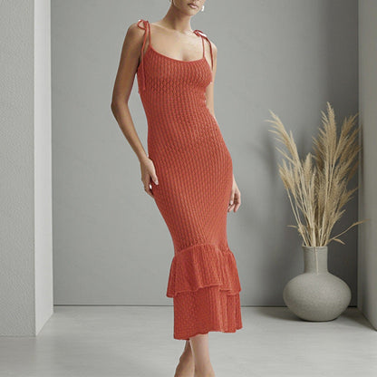Summer Knit Halter Dress Hollow Out Cutout Seaside Holiday Beach Flounce Long Dress Women Overall Hip