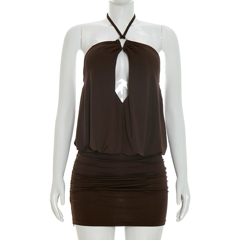 Women Clothing Summer Solid Color Halter Lace up Cutout Bud Backless Sheath Short Dress