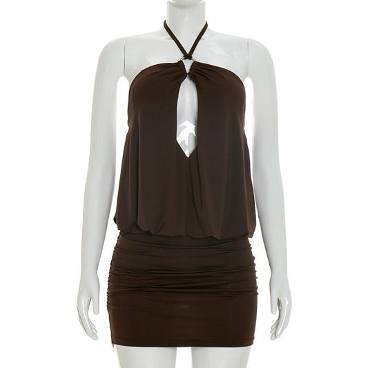 Women Clothing Summer Solid Color Halter Lace up Cutout Bud Backless Sheath Short Dress