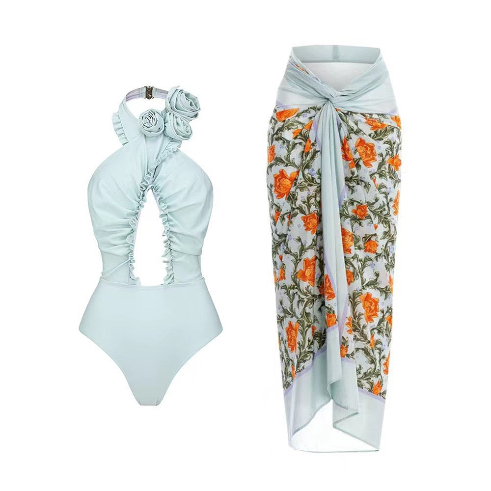 Lonkey French Two Sets Women Swimsuit Solid Color Flying Edge Cross Hollow Out Cutout-out Swimsuit Women