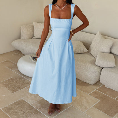 Office Vacation Waist Trimming Spaghetti Straps Dress Women Clothing Summer Independent