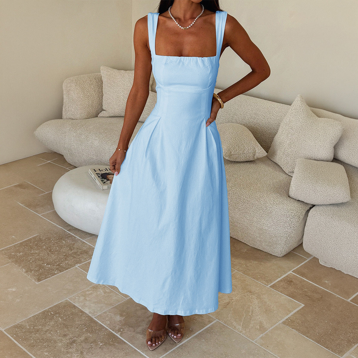 Office Vacation Waist Trimming Spaghetti Straps Dress Women Clothing Summer Independent