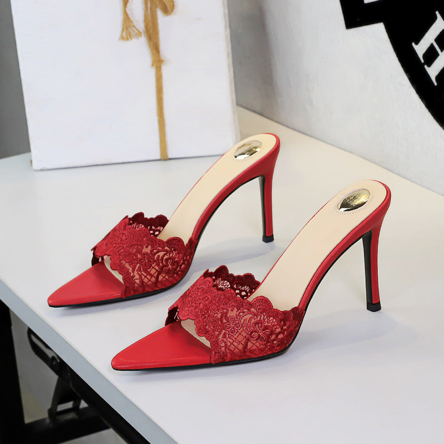 Ultra High Heel Lace Sexy Open Toe Pointed Slip on Stiletto Heel Elegant Lace up Women Slippers