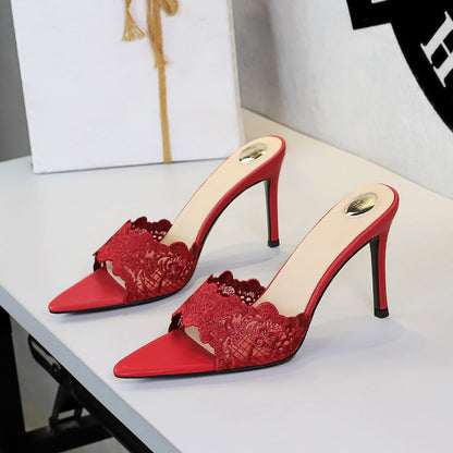 Ultra High Heel Lace Sexy Open Toe Pointed Slip on Stiletto Heel Elegant Lace up Women Slippers