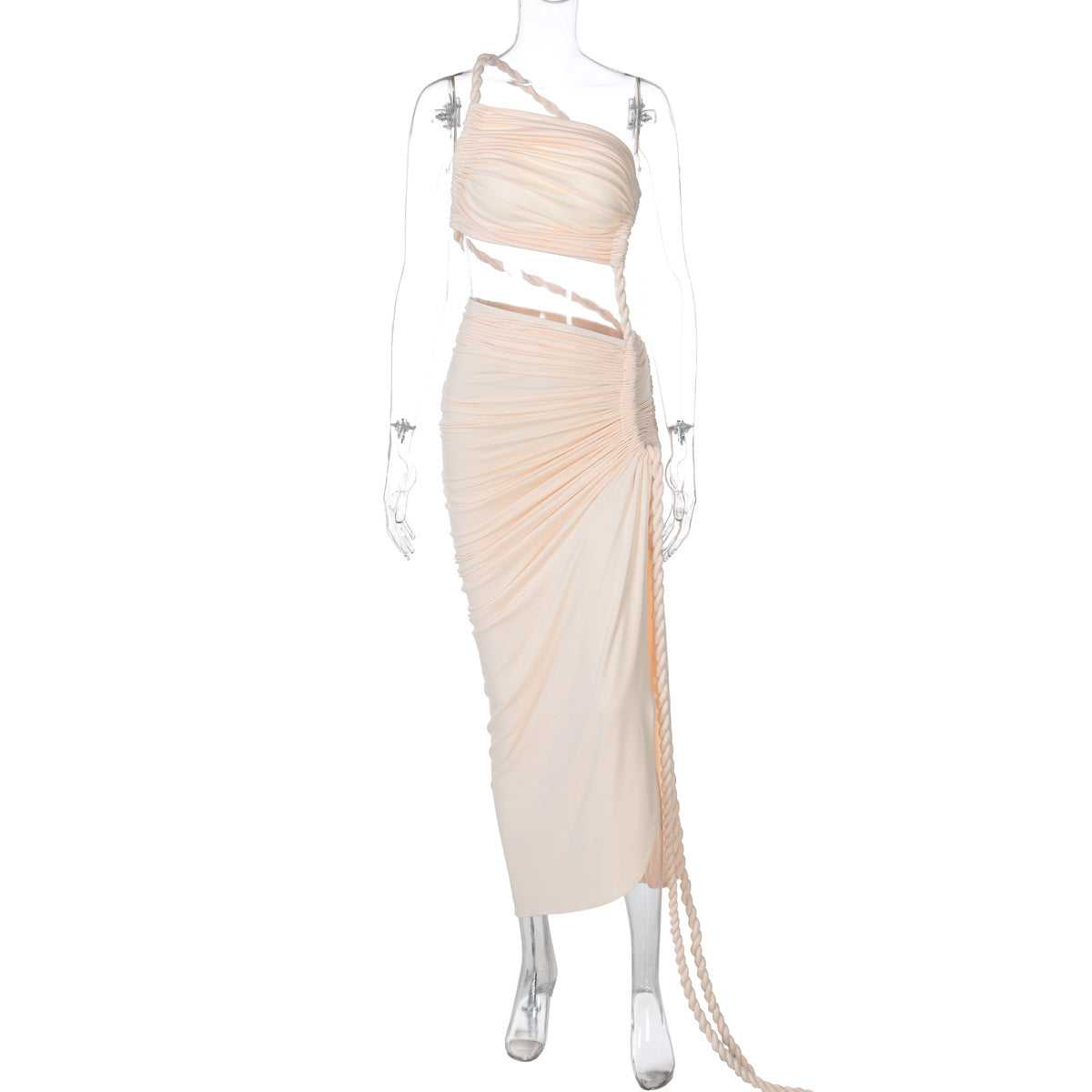 Women Clothing Spring Summer Shoulder Tube Top Backless Hollow Out Cutout Lace Pleated Dress