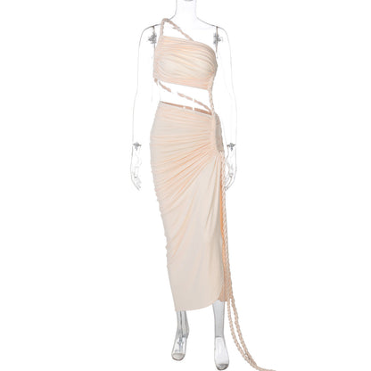 Women Clothing Spring Summer Shoulder Tube Top Backless Hollow Out Cutout Lace Pleated Dress