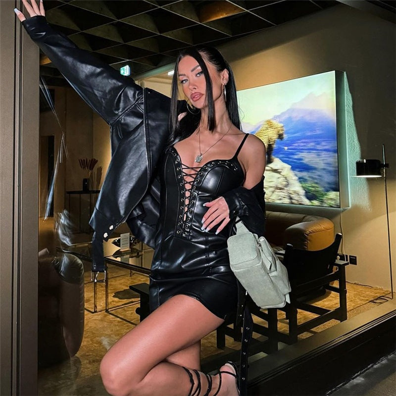 Spring Women Clothes Solid Color Sexy Personalized All Match Street Spicy Girl Deep V Plunge Strap Dress