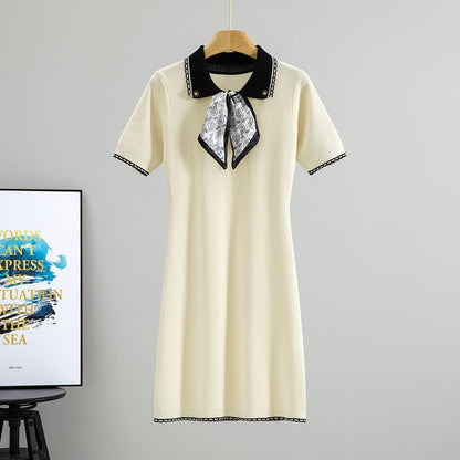 Summer French Printed Silk Scarf Color Stitching Turnover Neck Cinched Slimming Short Sleeves Knitted Dress Fashionable Tall