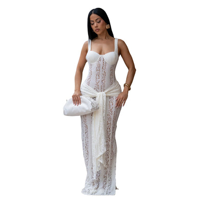 Women Wear Sexy See through Lace Shoulder Strap Sheath Dress