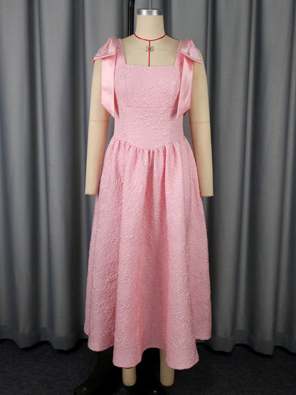 Women Clothing Elegant Bow Dress Jacquard High Waist a Swing Cocktail Evening Dress Party Dresses
