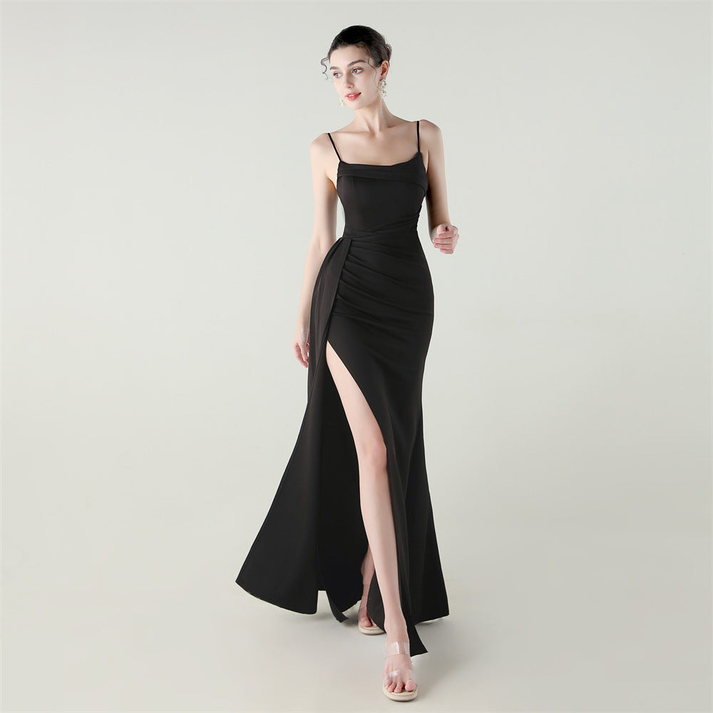 Camisole Tube Top Satin Pleated Fishtail High Slit Evening Dress Elegant Slim Dress for Dinner Ceremony