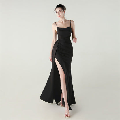 Camisole Tube Top Satin Pleated Fishtail High Slit Evening Dress Elegant Slim Dress for Dinner Ceremony