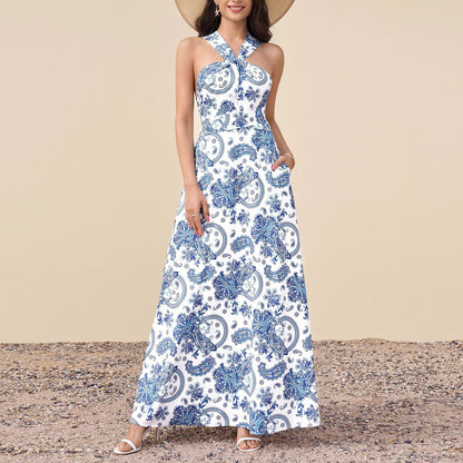 Summer Vacation Cross Tied Dress Sexy Socialite Special V neck Backless Waist Trimming Maxi Dress