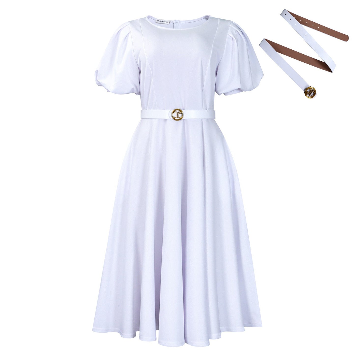 Women Clothing round Neck Puff Sleeve High Waist Dress