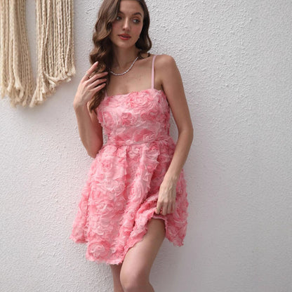 Summer Three Dimensional Rose Embroidered Sweet Elegance Suspender Strap Bow Dress for Women