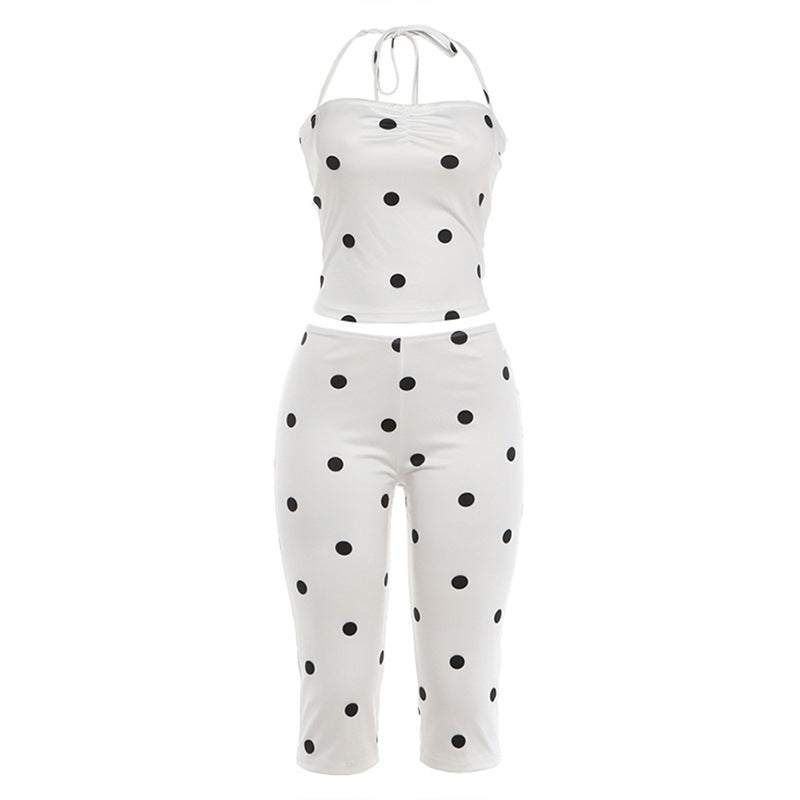 Spring Sexy Polka Dot Backless Strap Top High Waist Hip Raise Pants Two Piece Sets