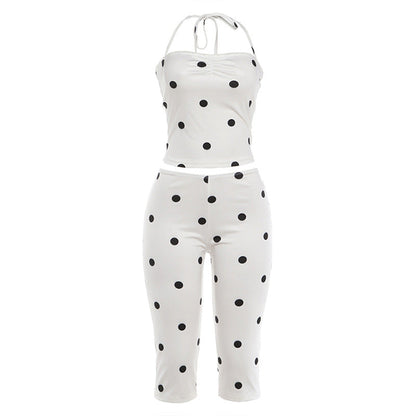 Spring Sexy Polka Dot Backless Strap Top High Waist Hip Raise Pants Two Piece Sets