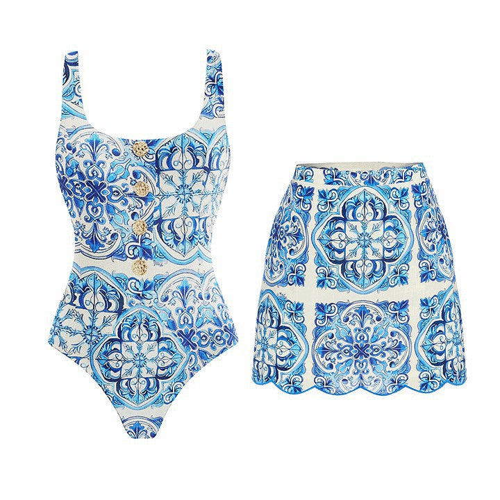 Blue Printed One Piece Swimsuit Women Vacation Beach Swimsuit