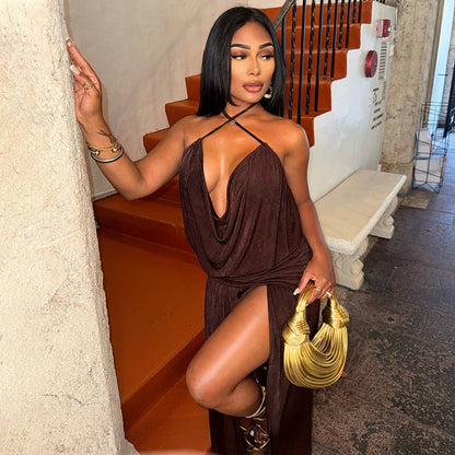 Women Clothing Solid Color Split Asymmetric Wrapped Chest Deep V Plunge neck Sexy Halter Dress