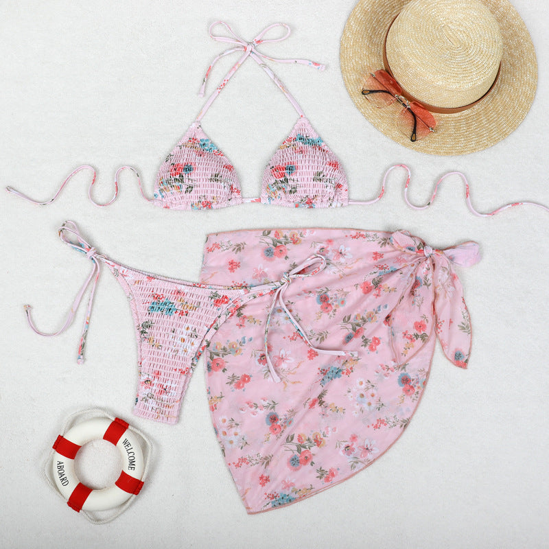 Printed Bikini Three Piece Gauze Skirt Split Sexy Vacation Bikini Swimsuit