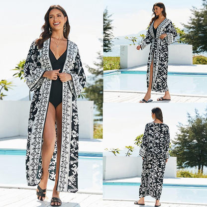 Rayon Positioning Printing Beach Cover up Sexy Cardigan Loose Sun Protection Shirt Beach Cover Up
