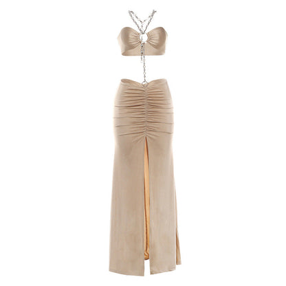 Summer Women Clothing Chain Stitching Sexy Bare Back Fold Split Sheath Dress