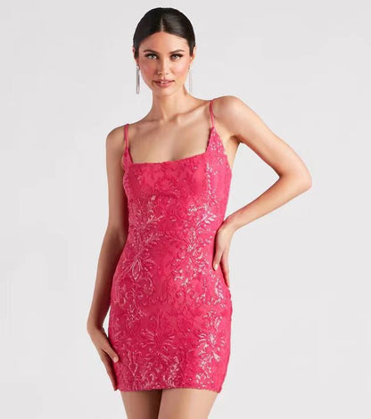 Women Clothing Summer Sequ Sexy Suspenders Package Hip Slim Mini Dress