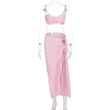 Summer Sexy Beach Vacation Swimsuit Woven Halter Top Top Split Skirt Set