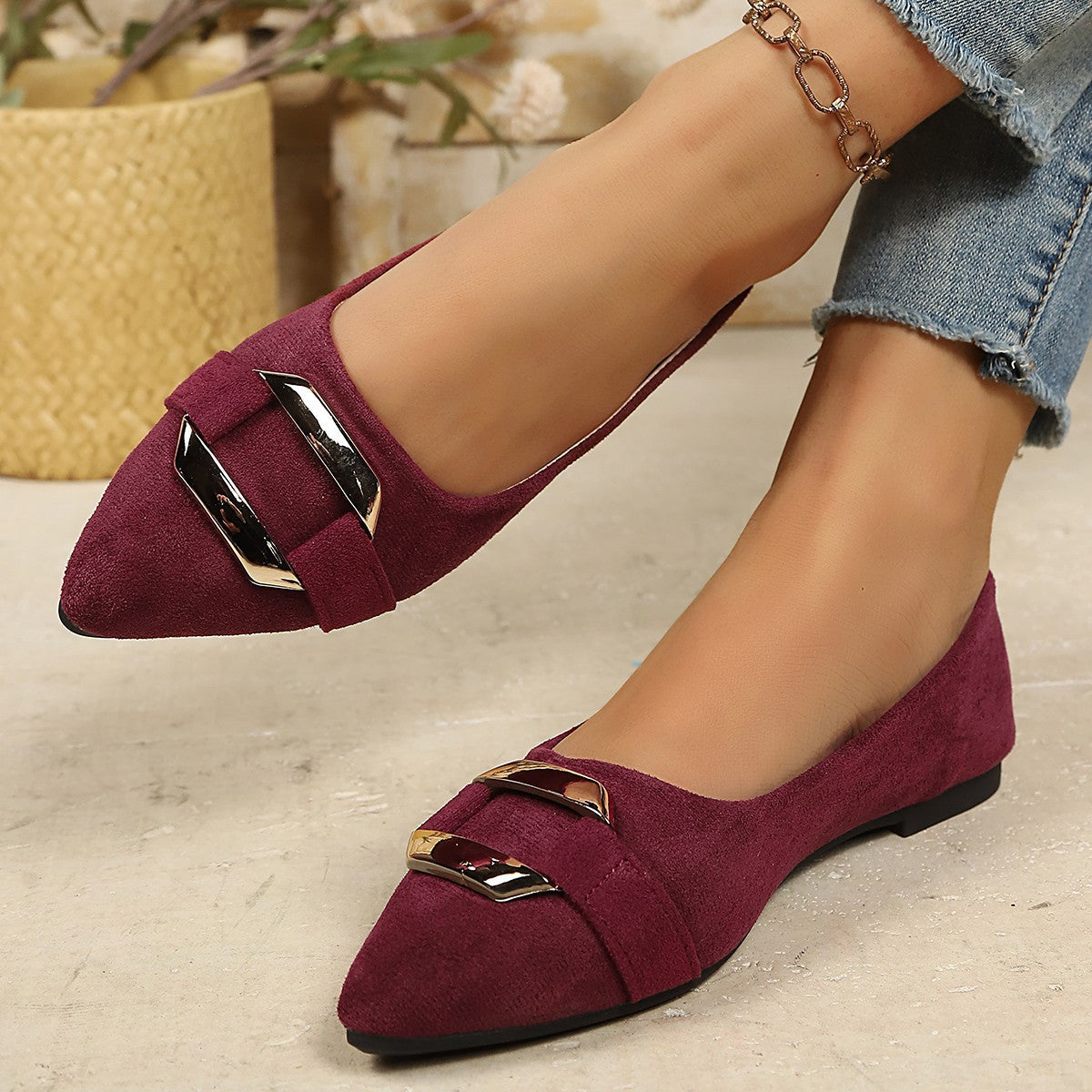 Shallow Mouth Suede Metal Buckle Flat Pumps Women Soft Bottom Office Work Gommino