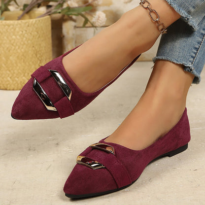 Shallow Mouth Suede Metal Buckle Flat Pumps Women Soft Bottom Office Work Gommino