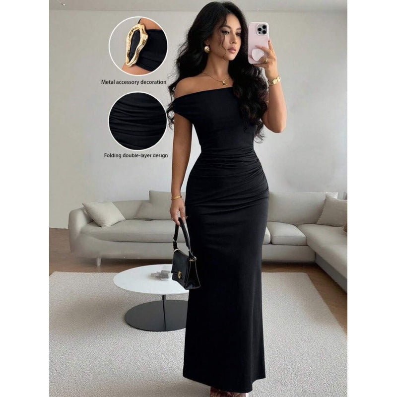 Summer Elegant Pleated Slim Slimming Boat Neck Dress