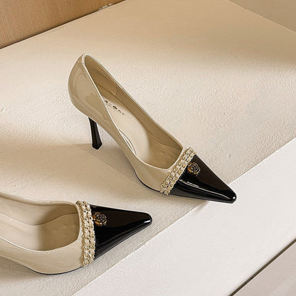 Design Color Matching Metal Chain Super High Heels Stiletto Pointed Toe Camellia Chanel Shoes
