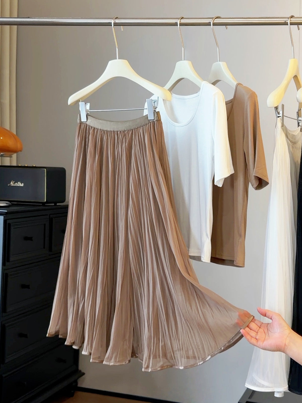 French Gentle Pleated Skirt Women Summer High Waist Drape Streamer A line Large Hem Midi Skirt