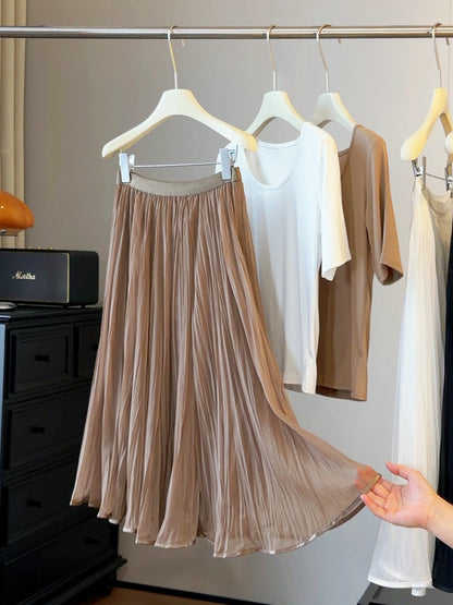 French Gentle Pleated Skirt Women Summer High Waist Drape Streamer A line Large Hem Midi Skirt