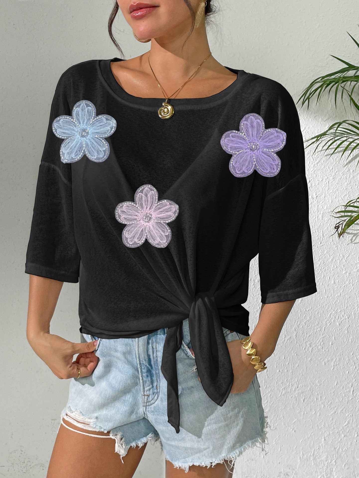 Ladies Overclothes Women Solid Color Thin Top Bandage Bow Loose off Shoulder Beach Bikini Cover up