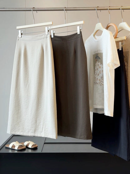 Simple Graceful Skirt Women Summer Slimming High Waist A line Split Sheath Mid Length Skirt