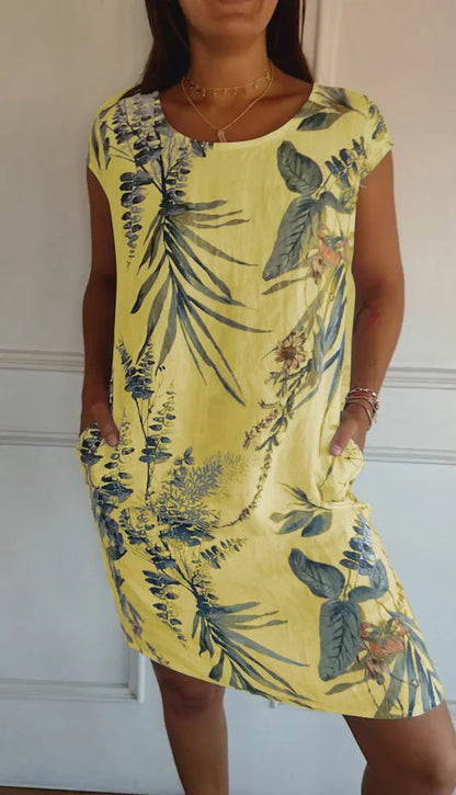 Women Clothing Summer Cotton Linen round Neck Printed with Pocket