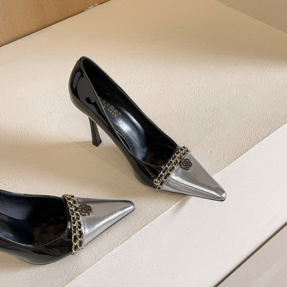 Design Color Matching Metal Chain Super High Heels Stiletto Pointed Toe Camellia Chanel Shoes