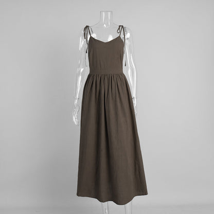 Pure Cotton V neck with Shoulder Straps Women Spring Elegant Sexy Lace up Backless Dress