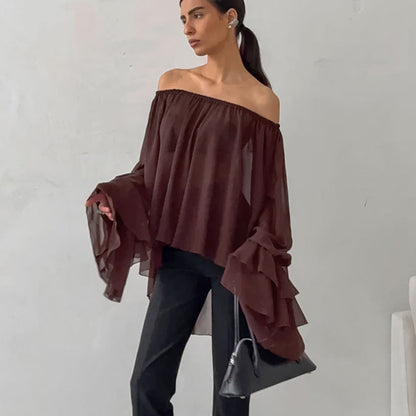 Fall Winter Retro Elegant Boat Neck Brown Chiffon Loose Sexy off the Shoulder Top Ruffled Shirt