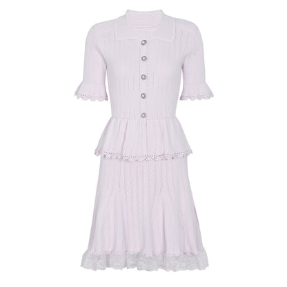 Summer Celebrity Internet Slim Fitting Slimming Fashionable Short Sleeve Collared Lace Dress
