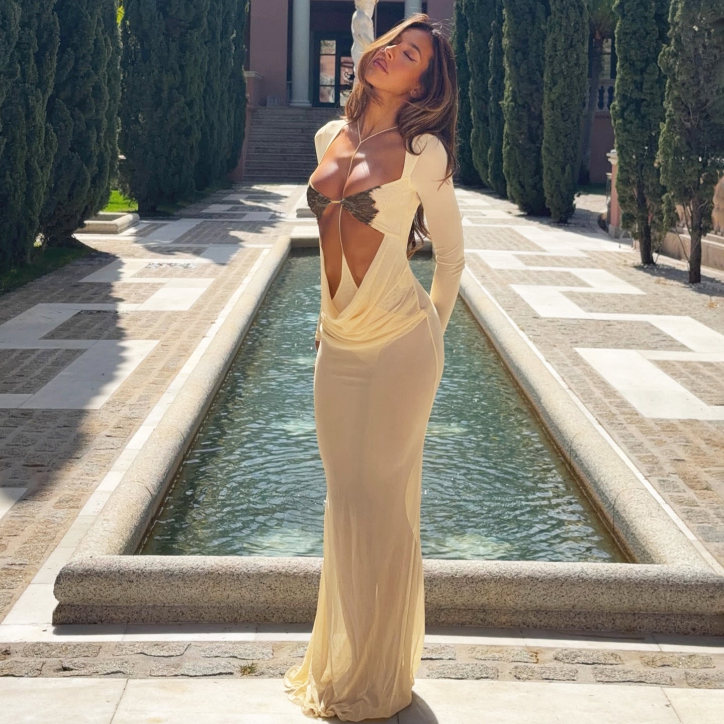 Summer Women Clothing Long Sleeve Sexy Cutout See through Slim Fit Sheath Dress