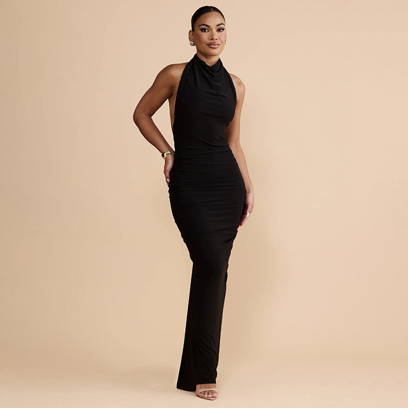 Slim Fit Maxi Dress Summer Solid Color Halter Pleated Sexy Backless Dress