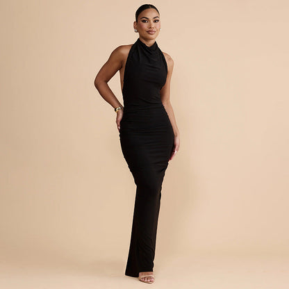 Slim Fit Maxi Dress Summer Solid Color Halter Pleated Sexy Backless Dress
