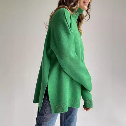 Turtleneck Sweater Women Autumn Winter Casual Sweater Slit Loose Solid Color Knitted Sweater