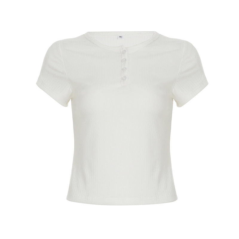 Summer Small Short Top Solid Color Basic Casual Half Open Collar Slim Slimming Short Sleeve T shirt