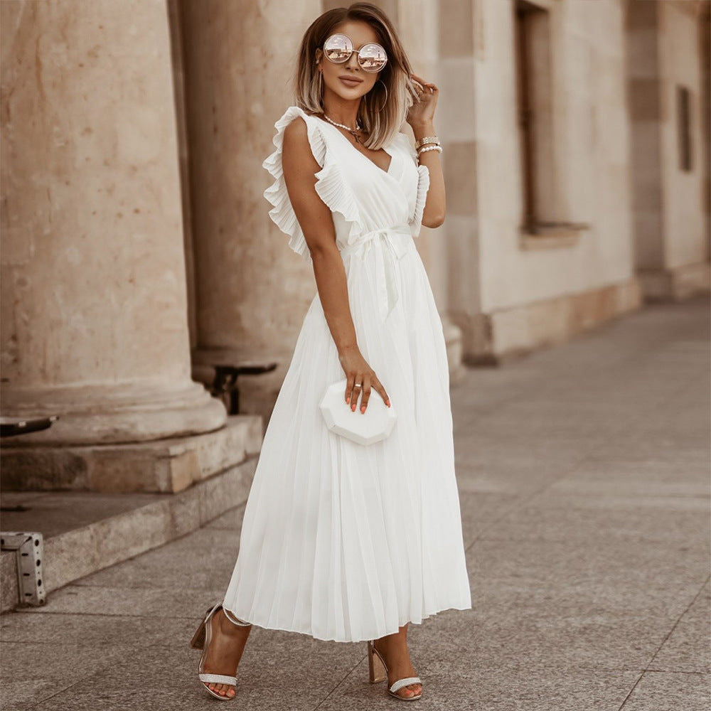 Elegant Beach Dress Fashionable Slim Fit Sexy Ruffle Sleeve Chiffon Pleated Solid Color Dress
