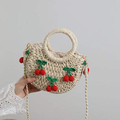 Cute Cherry Fresh Straw Bag Woven Tote Strawberry Cross Body Bag Vacation Beach Bag